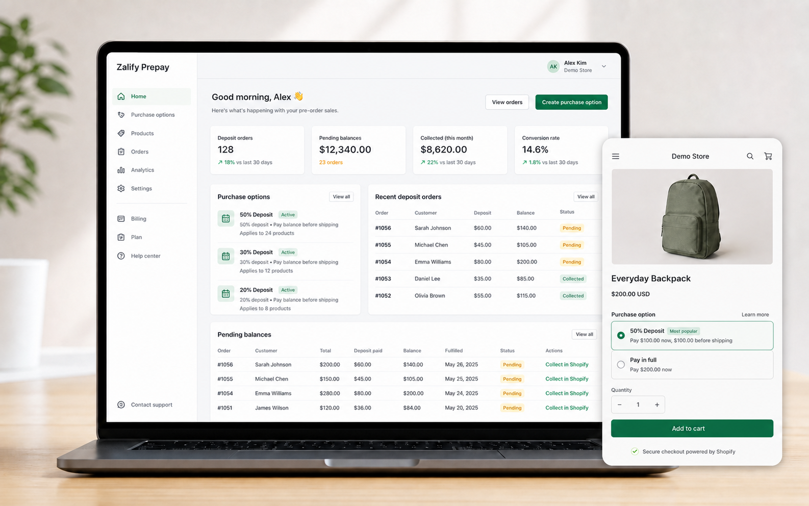 Zalify Prepay dashboard and storefront purchase option preview